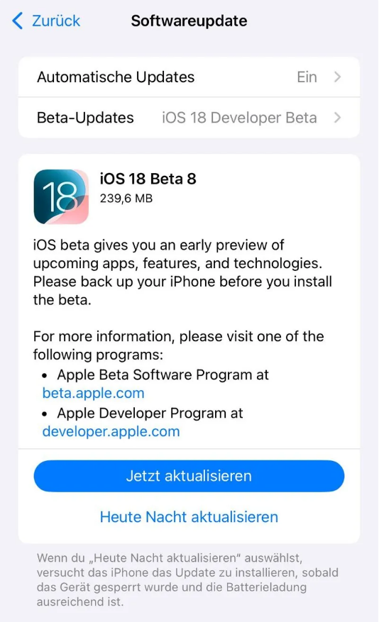 庆安苹果手机维修分享苹果 iOS / iPadOS 18 开发者预览版 Beta 8 发布 